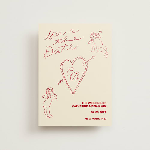 This is a cream save the date postcards with standard by Helena Vitto called crazy little thing called love printing on signature in postcard