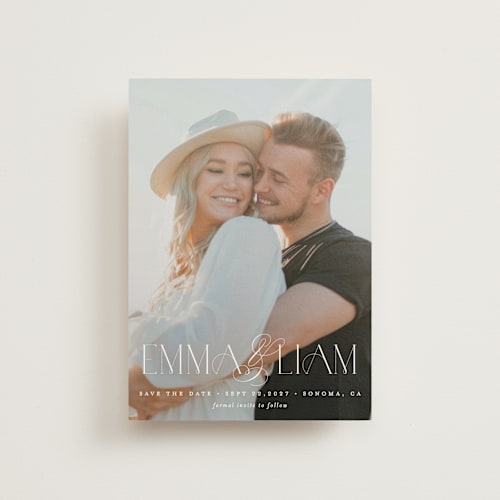 This is a pearl save the date postcards with standard by Brooke Chandler called hand in hand printing on signature in postcard