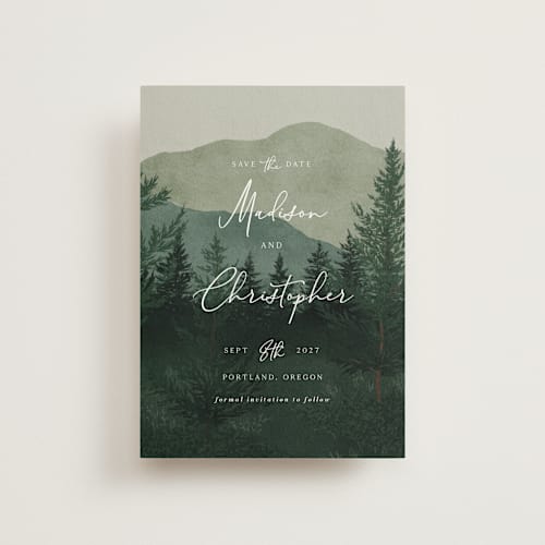 This is a jade save the date postcards with standard by Elly called the forest printing on signature in postcard