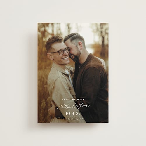 This is a snow save the date postcards with standard by Alethea and Ruth called side stack printing on signature in postcard