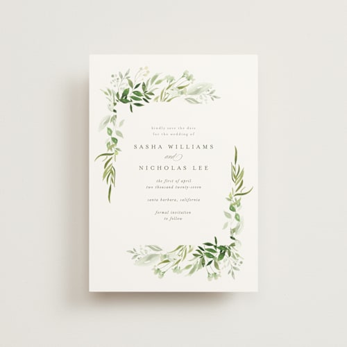 This is a garden save the date postcards with standard by Leah Bisch called verdure printing on signature in postcard