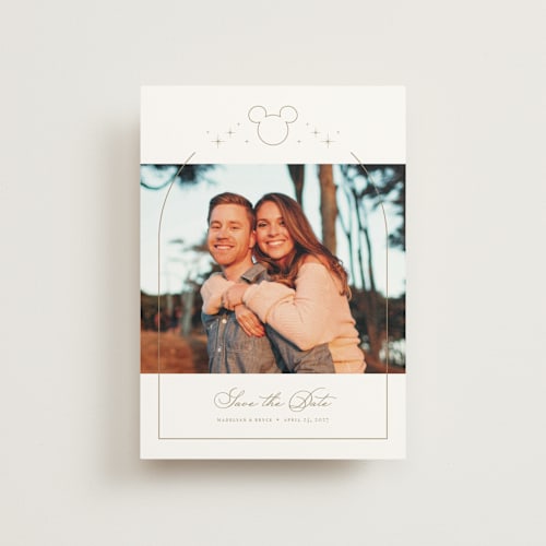 This is a celebration save the date postcards with standard by Jennifer Postorino called disney's minimal mickey mouse printing on signature in postcard