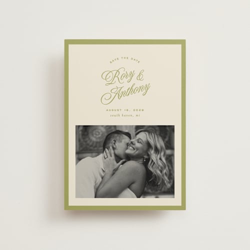 This is a olive save the date postcards with standard by Ellen Schlegelmilch called rory printing on signature in postcard
