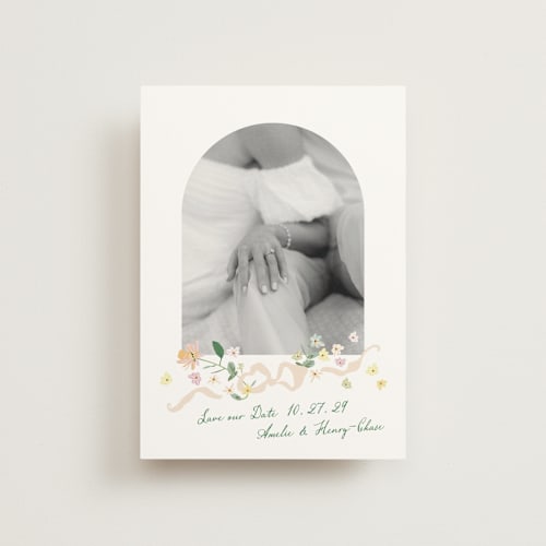 This is a spring save the date postcards with standard by Phrosné Barwood called spring draped garland printing on signature in postcard