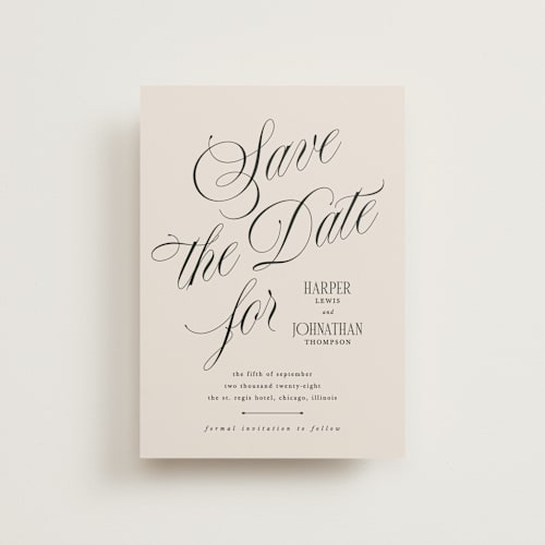 This is a linen save the date postcards with standard by Kate Ahn called mirin printing on signature in postcard