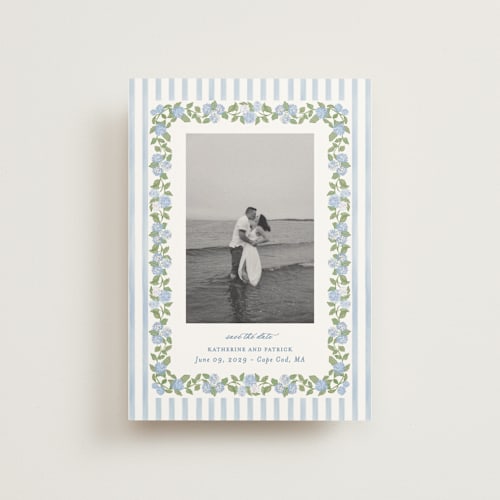 This is a ocean save the date postcards with standard by Creo Study called pillowy border printing on signature in postcard