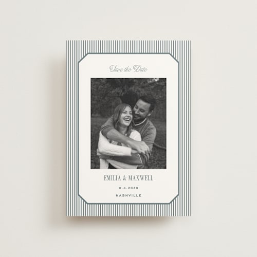 This is a capri save the date postcards with standard by Emily Betts called modern stripes printing on signature in postcard