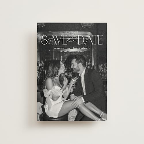 This is a pearl save the date postcards with standard by Brooke Chandler called elegant fete printing on signature in postcard