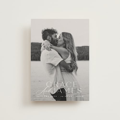 This is a snow save the date postcards with standard by Angela Thompson called namesake printing on signature in postcard