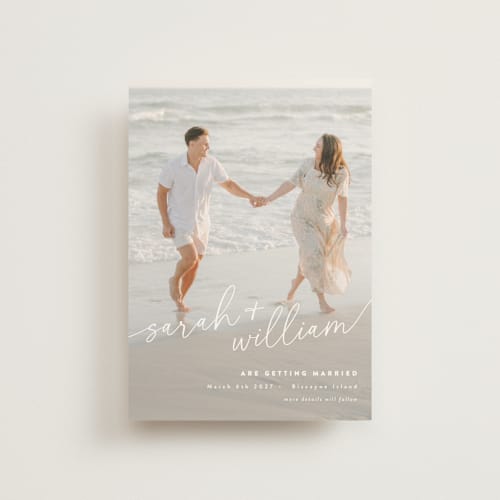 This is a ivory save the date postcards with standard by Jessie Steury called sweet script printing on signature in postcard