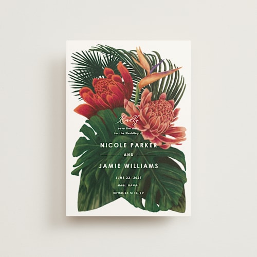 This is a basil save the date postcards with standard by Elly called tropical bouquet printing on signature in postcard