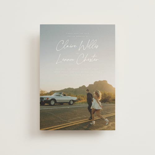 This is a chiffon save the date postcards with standard by Orasie called full photo printing on signature in postcard