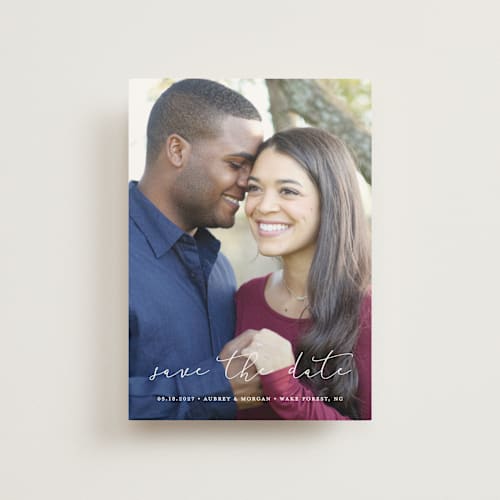 This is a cloud save the date postcards with standard by Stacey Meacham called etched in love printing on signature in postcard