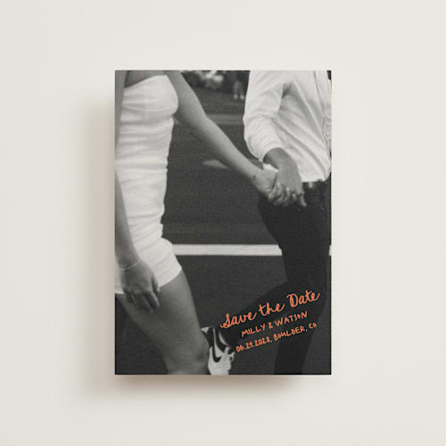 This is a tangerine save the date postcards with standard by Jelena Vuletic called imprint printing on signature in postcard