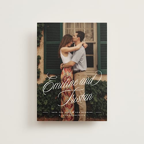 This is a cotton save the date postcards with standard by Susan Zinader called sentimental script printing on signature in postcard