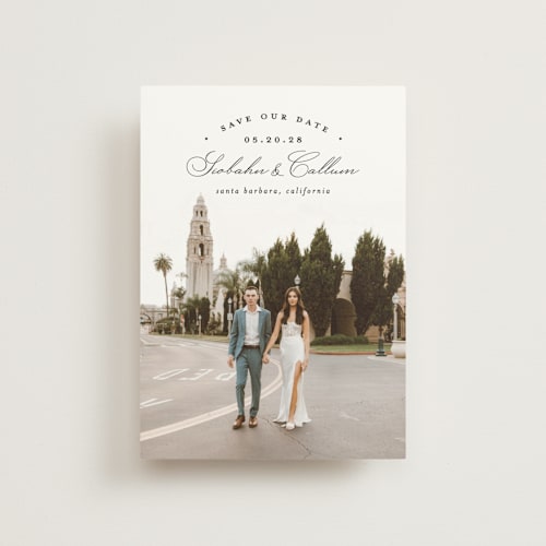 This is a onyx save the date postcards with standard by Erica Krystek called arched type printing on signature in postcard