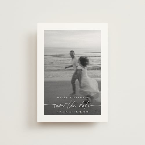 This is a ivory save the date postcards with standard by Pippa Shaw called gaussian printing on signature in postcard