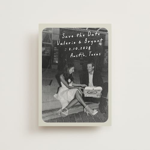 This is a toasted marshmallow save the date postcards with standard by Anna Elder called film printing on signature in postcard