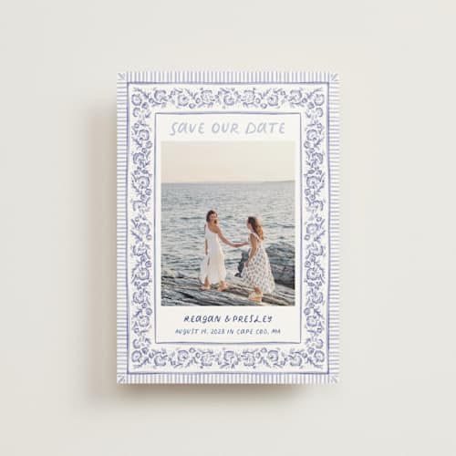 This is a cerulean save the date postcards with standard by Jenna Holcomb called provincial printing on signature in postcard