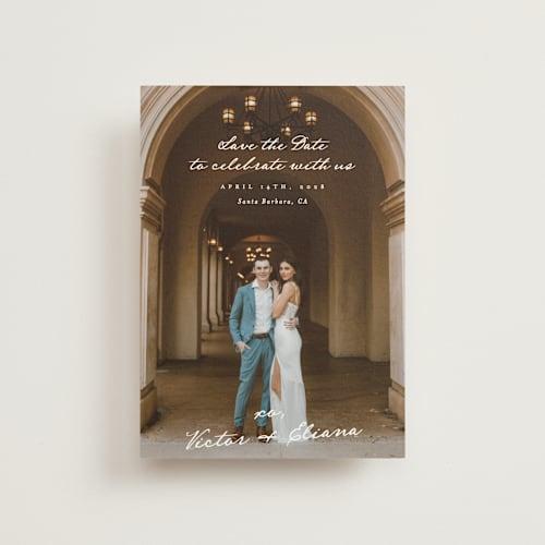 This is a ivory save the date postcards with standard by Alethea and Ruth called celebration xo printing on signature in postcard