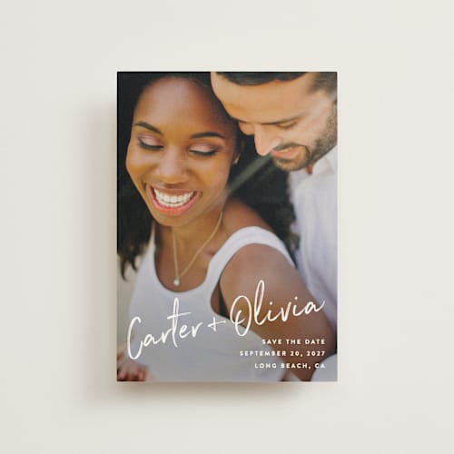 This is a pearl save the date postcards with standard by Owl and Toad called signature printing on signature in postcard