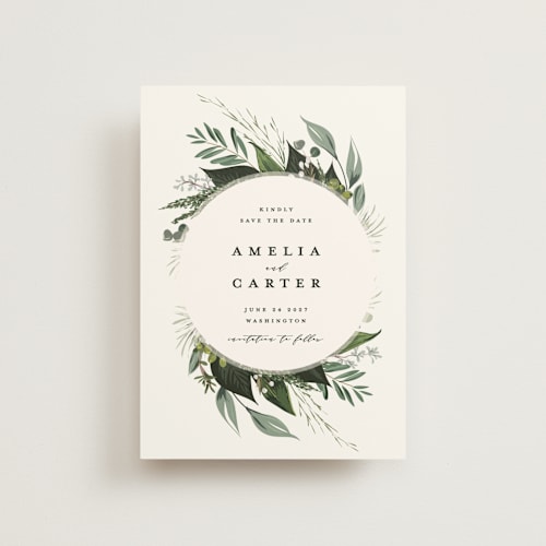 This is a ivory save the date postcards with standard by Susan Moyal called natures greens printing on signature in postcard