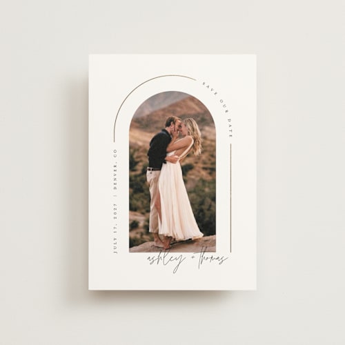 This is a silk save the date postcards with foil pressed by Kelly Schmidt called arch printing on signature in postcard
