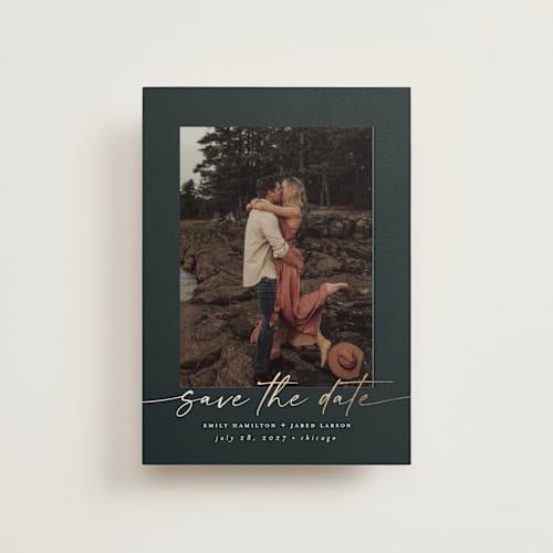 This is a midnight save the date postcards with foil pressed by Nicole Walsh called wrapped printing on signature in postcard