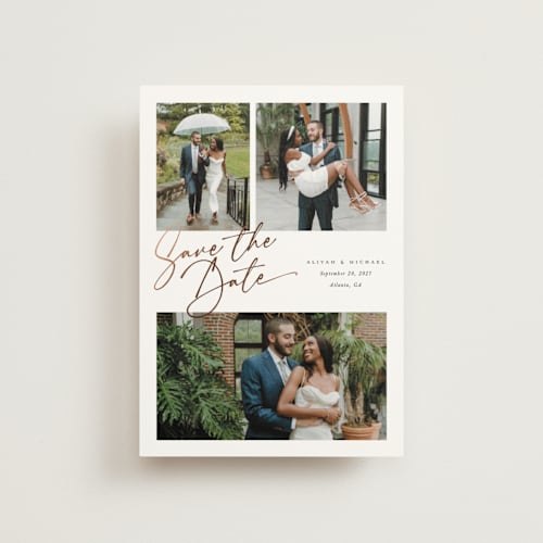 This is a pearl save the date postcards with foil pressed by Melanie Kosuge called three printing on signature in postcard