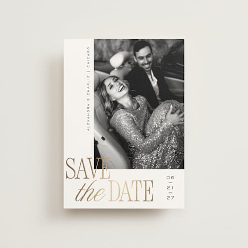This is a pearl save the date postcards with foil pressed by Melanie Kosuge called right side printing on signature in postcard