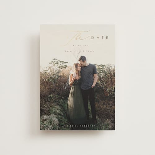 This is a wheat save the date postcards with foil pressed by Hannah Williams called simply classic printing on signature in postcard