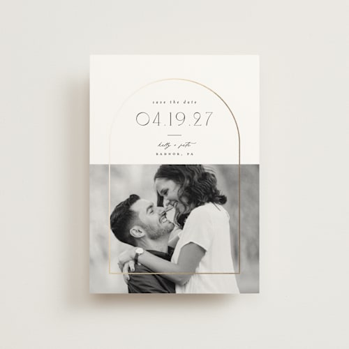 This is a cotton save the date postcards with foil pressed by Everett Paper Goods called inverse printing on signature in postcard