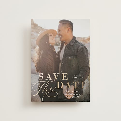 This is a cloud save the date postcards with foil pressed by Ashley Rosenbaum called composition printing on signature in postcard