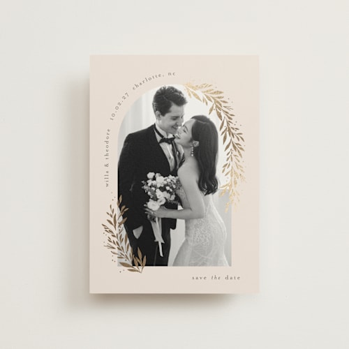 This is a linen save the date postcards with foil pressed by Laura Hankins called garland arch printing on signature in postcard