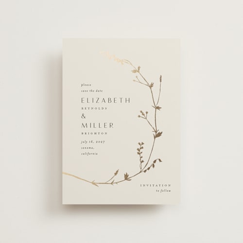 This is a cotton save the date postcards with foil pressed by Amy Kross called vine wrap printing on signature in postcard