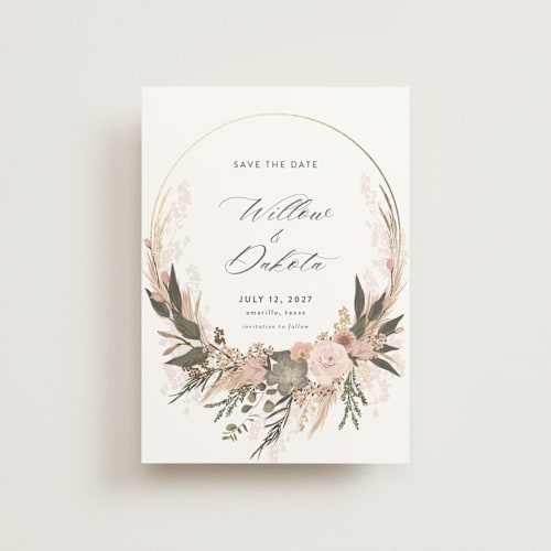 This is a blush save the date postcards with foil pressed by Susan Moyal called botanical edge printing on signature in postcard