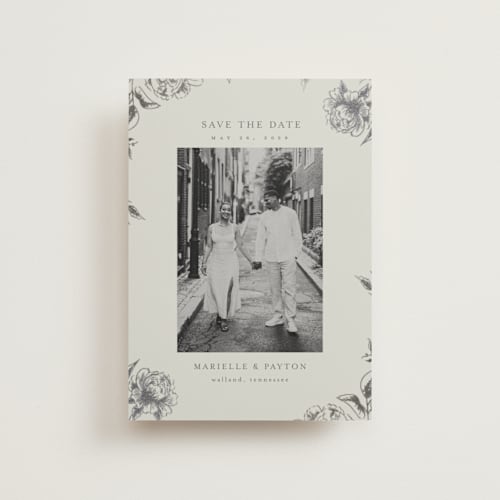 This is a steel save the date postcards with foil pressed by Chris Griffith called wildflower date printing on signature in postcard