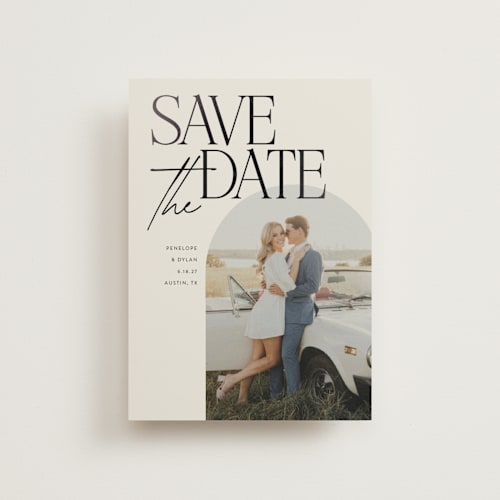 This is a ecru save the date postcards with foil pressed by Morgan Kendall called penelope printing on signature in postcard