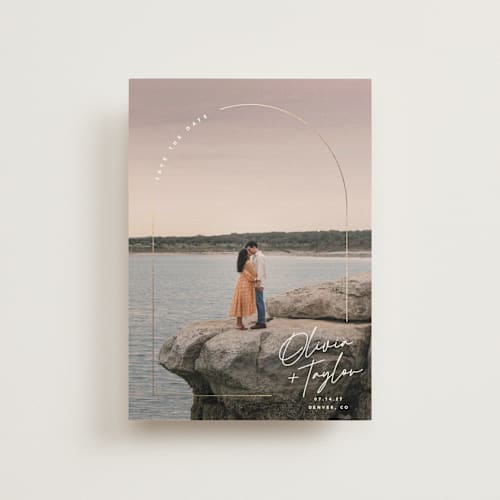 This is a classic save the date postcards with foil pressed by Kelly Schmidt called arch signature printing on signature in postcard