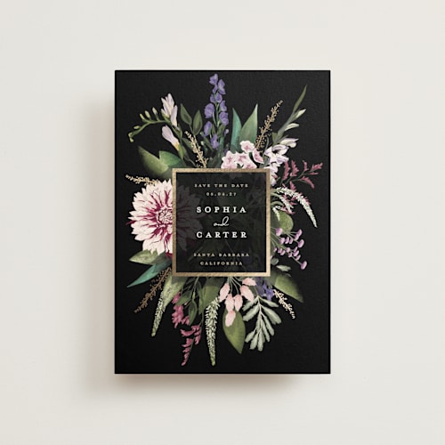 This is a midnight save the date postcards with foil pressed by Susan Moyal called bold bouquet printing on signature in postcard