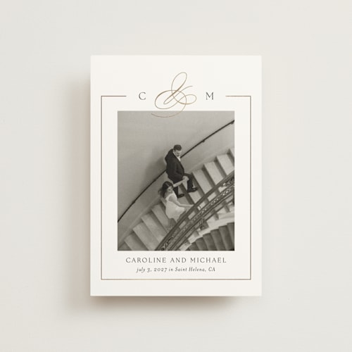 This is a silk save the date postcards with foil pressed by Kelly Schmidt called framed monogram printing on signature in postcard