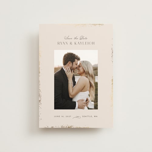 This is a pearl save the date postcards with foil pressed by Itsy Belle Studio called gilde edge printing on signature in postcard