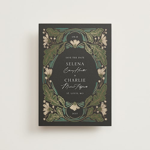 This is a lily save the date postcards with foil pressed by Jen Owens called embellished printing on signature in postcard