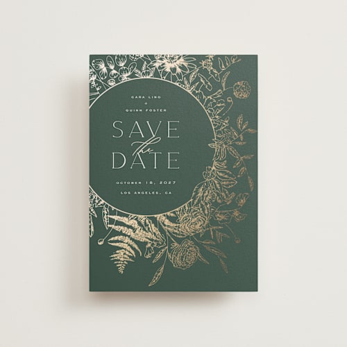 This is a moss save the date postcards with foil pressed by Leah Bisch called always printing on signature in postcard
