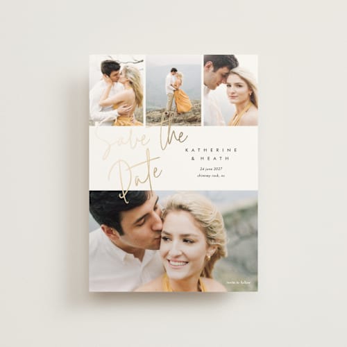 This is a cotton save the date postcards with foil pressed by Stacey Meacham called can't wait printing on signature in postcard