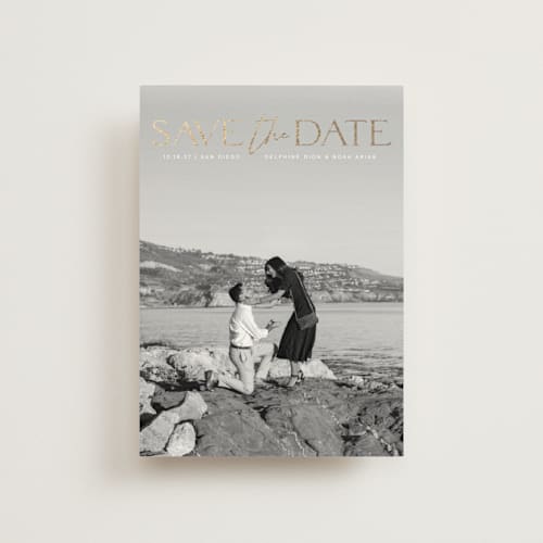 This is a moonstone save the date postcards with foil pressed by Olivia Raufman called breathtaking printing on signature in postcard