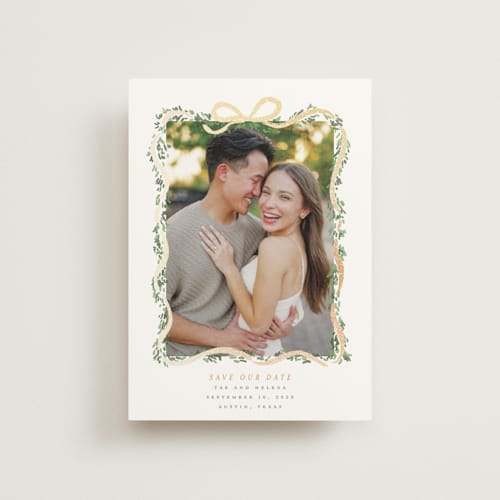 This is a butter save the date postcards with foil pressed by Itsy Belle Studio called ribbonly frame printing on signature in postcard