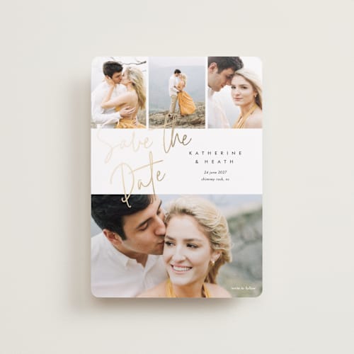 This is a cotton petite save the dates with foil pressed by Stacey Meacham called can't wait printing on recycled smooth signature in petite