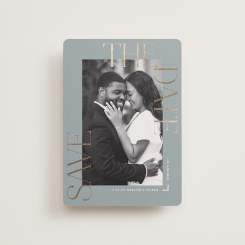 This is a pebble petite save the dates with foil pressed by Susan Zinader called picturesque printing on recycled smooth signature in petite