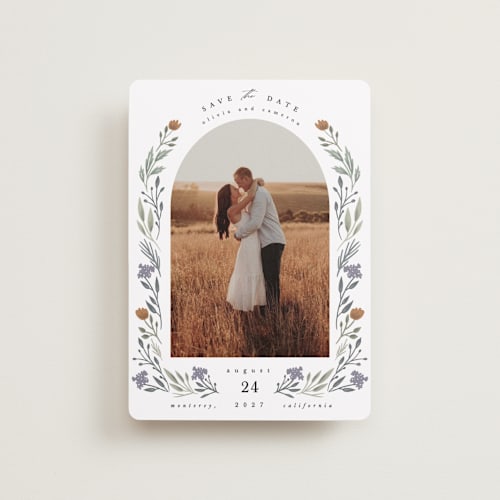This is a rust petite save the dates with standard by Hannah Williams called floral arch printing on recycled smooth signature in petite